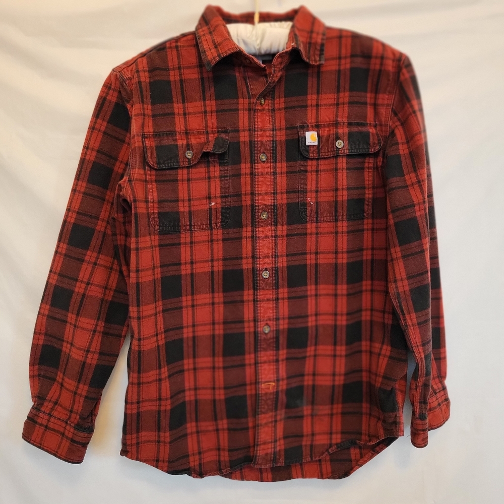 Carhartt Red Plaid Cotton Flannel Button Up Work Shirt Size Med FLAWS